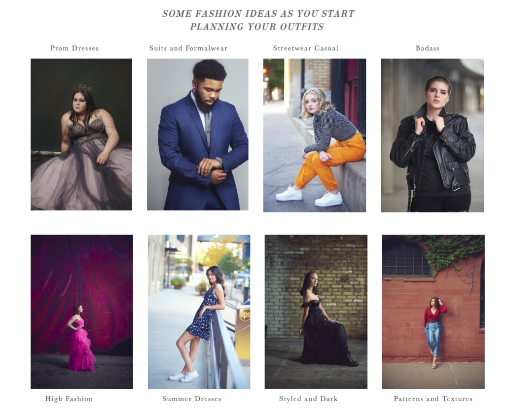 Fashion inspiration for various styles including prom dresses, suits and formalwear, streetwear casual, badass looks, high fashion, summer dresses, styled and dark outfits, and patterns and textures. Perfect for planning your next outfit or deciding what to wear in your senior pictures. The image features a stylish collage of outfit ideas, showcasing a range of fashion trends and themes to help you create a memorable and personalized look for any occasion.